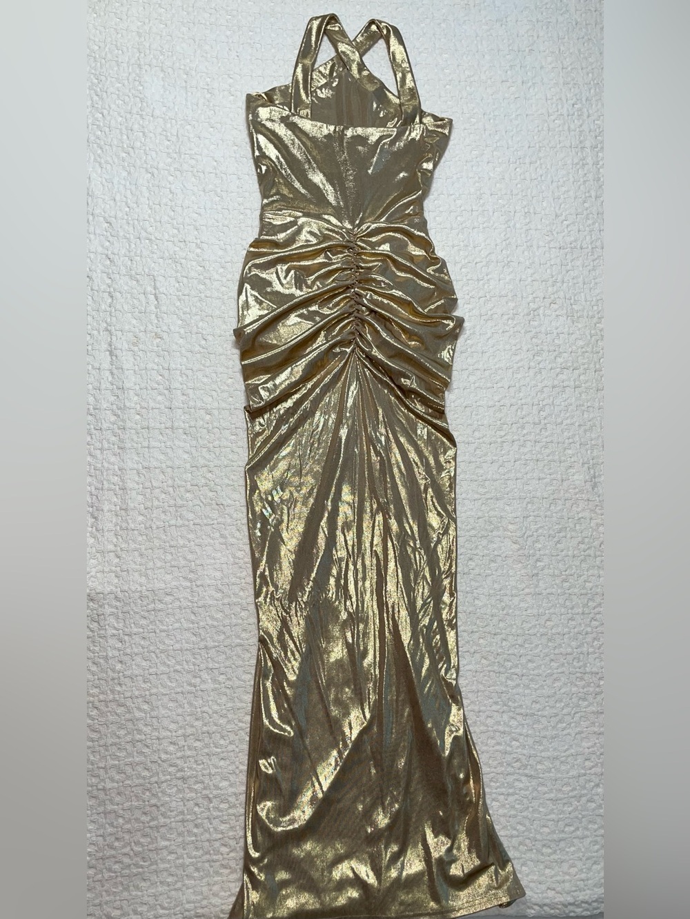 Stunning Gold Metallic Ruched Maxi Dress | Size Small - Picture 6 of 9